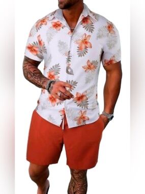 Men's White Floral Short-Sleeve Button-Down Shirt - Casual Tropical Print